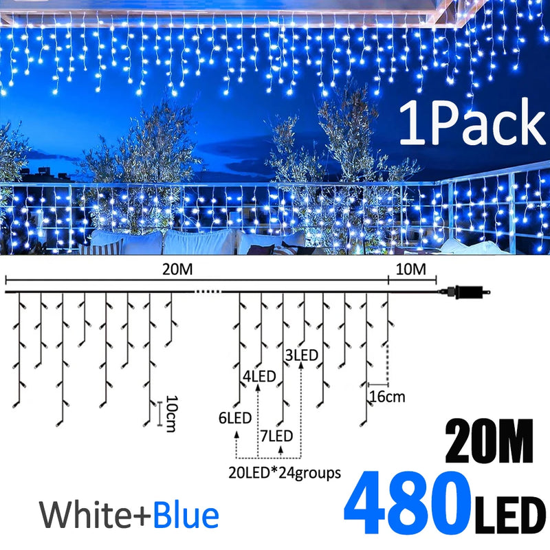 Guirlande stalactite LED – version blanc et bleu de 20 m, 480 LED