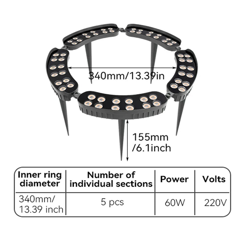 Spot arbre extérieur LED – anneau de 5 modules, diamètre intérieur 34 cm, 60 W