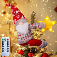 Cimier de sapin lumineux gnome avec étoile LED et télécommande, 38 cm