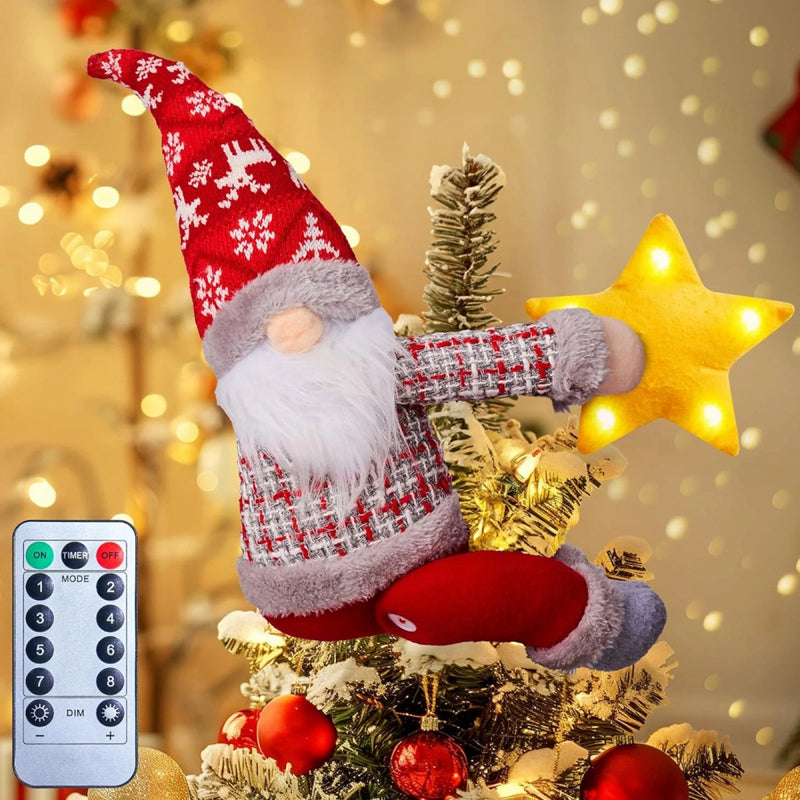 Cimier de sapin lumineux gnome avec étoile LED et télécommande, 38 cm