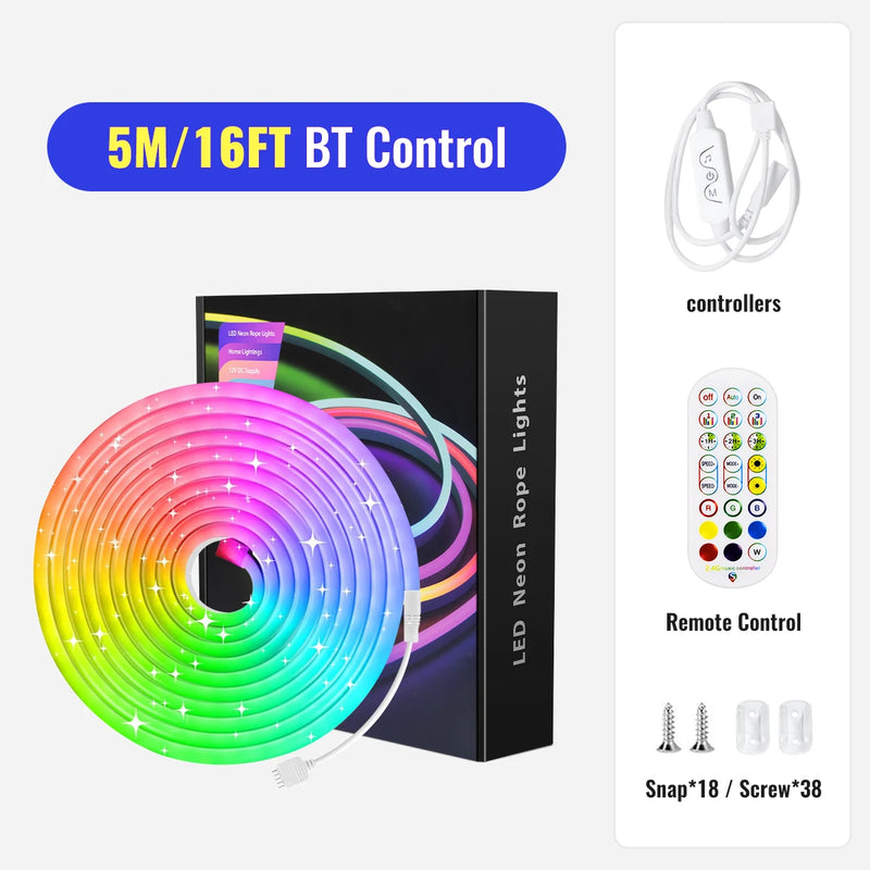 Ruban LED néon RGB – kit Bluetooth de 5 m avec contrôleur, télécommande, clips et vis