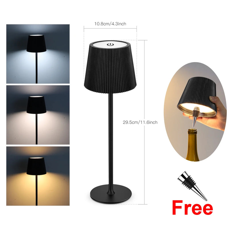 Lampe de table sans fil sur bouteille – version coque noire, trois teintes de blanc, avec dimensions