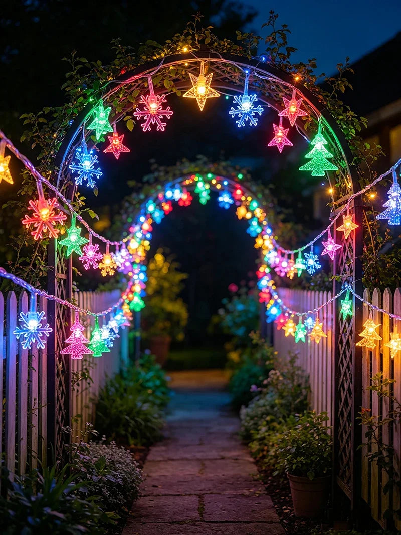 Guirlande lumineuse extérieur Noël à motifs – arche de jardin décorée de la guirlande multicolore