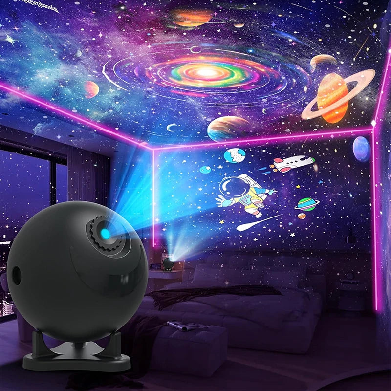 Veilleuse projecteur ciel étoilé boule noire, 12 scènes sur 3 disques, USB