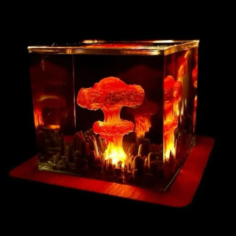 Lampe volcan ou champignon atomique en résine LED – cube de résine à champignon atomique et ville miniature, allumé sur fond noir