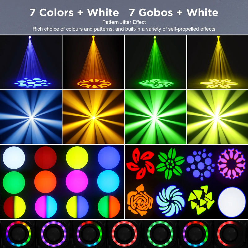 Lyre LED à tête mobile 120 W avec anneau RVB, 7 gobos et DMX 9 ou 11 canaux