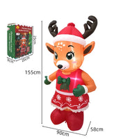 Renne lumineux gonflable en robe rouge – schéma des dimensions : 155 cm de haut, 90 cm de large, 58 cm de profondeur