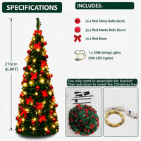 Sapin de Noël pliant pré-décoré en rouge, 150, 180 ou 210 cm, avec ou sans guirlande LED USB