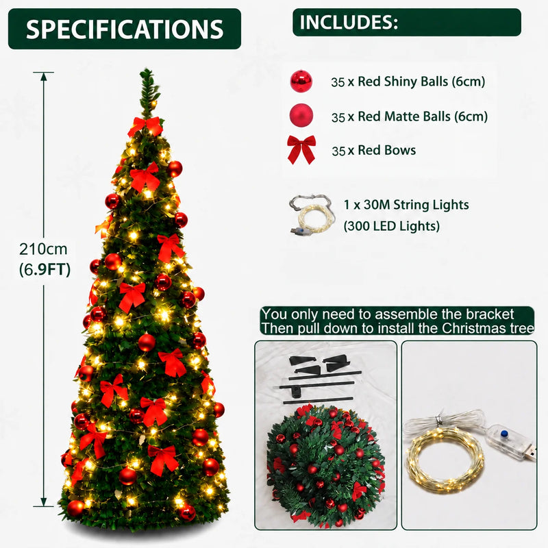 Sapin de Noël pliant pré-décoré en rouge, 150, 180 ou 210 cm, avec ou sans guirlande LED USB
