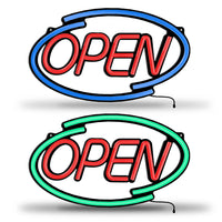 Panneau lumineux OPEN – deux ovales OPEN, cadre bleu et cadre vert