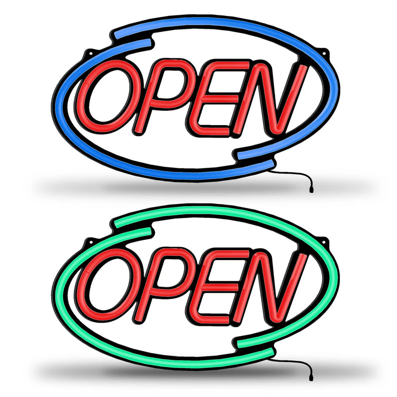 Panneau lumineux OPEN – deux ovales OPEN, cadre bleu et cadre vert