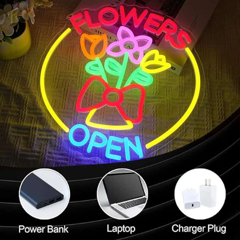 Enseigne néon fleuriste FLOWERS OPEN – alimentation par batterie externe, ordinateur ou chargeur USB
