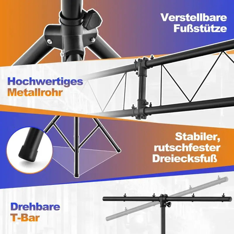 Structure truss portique DJ – détails du pied en tripode antidérapant, du tube métallique et de la barre en T rotative