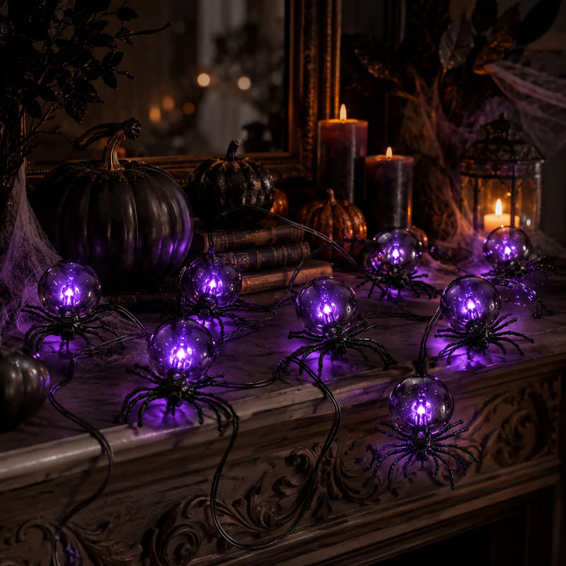 Guirlande lumineuse Halloween araignées violettes, à piles, 5,2 m