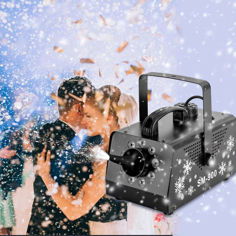 Machine à neige 900 W LED RGB avec télécommande, réservoir 1 L