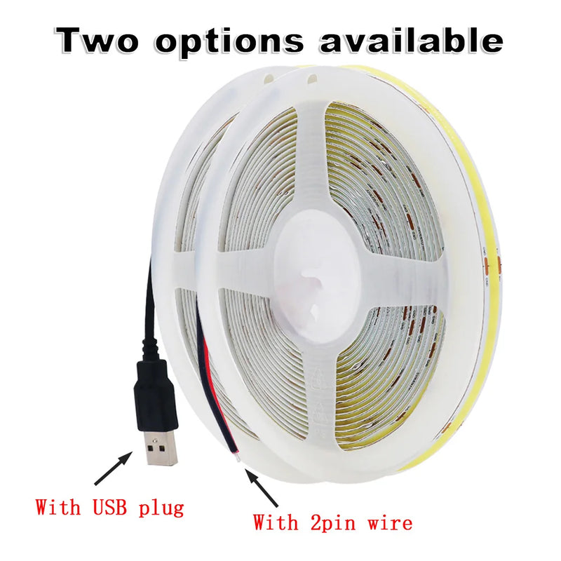 Ruban LED USB COB 8 mm – versions à prise USB et à câble deux fils