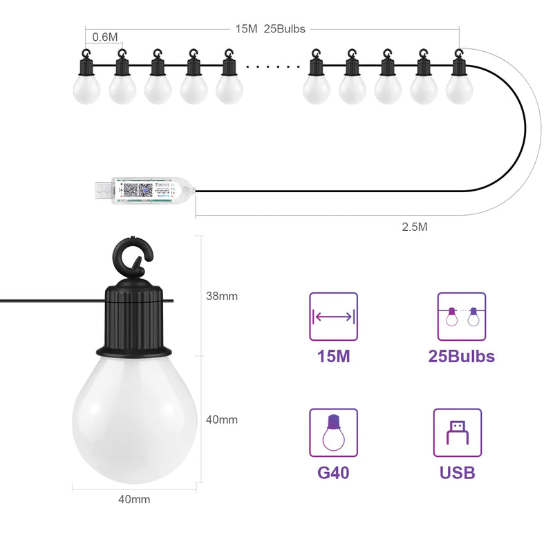 Guirlande guinguette connectée RGBIC Bluetooth G40, USB, 15 ou 30 m
