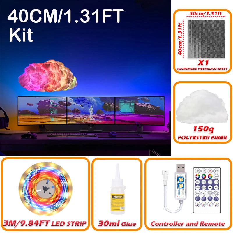 Nuage lumineux DIY – kit 40 cm avec ruban LED de 3 m, fibre de polyester, colle, contrôleur et télécommande
