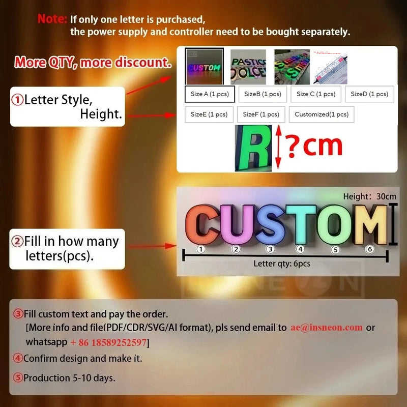 Lettres boîtier 3D – tableau des tailles A à F et étapes de commande