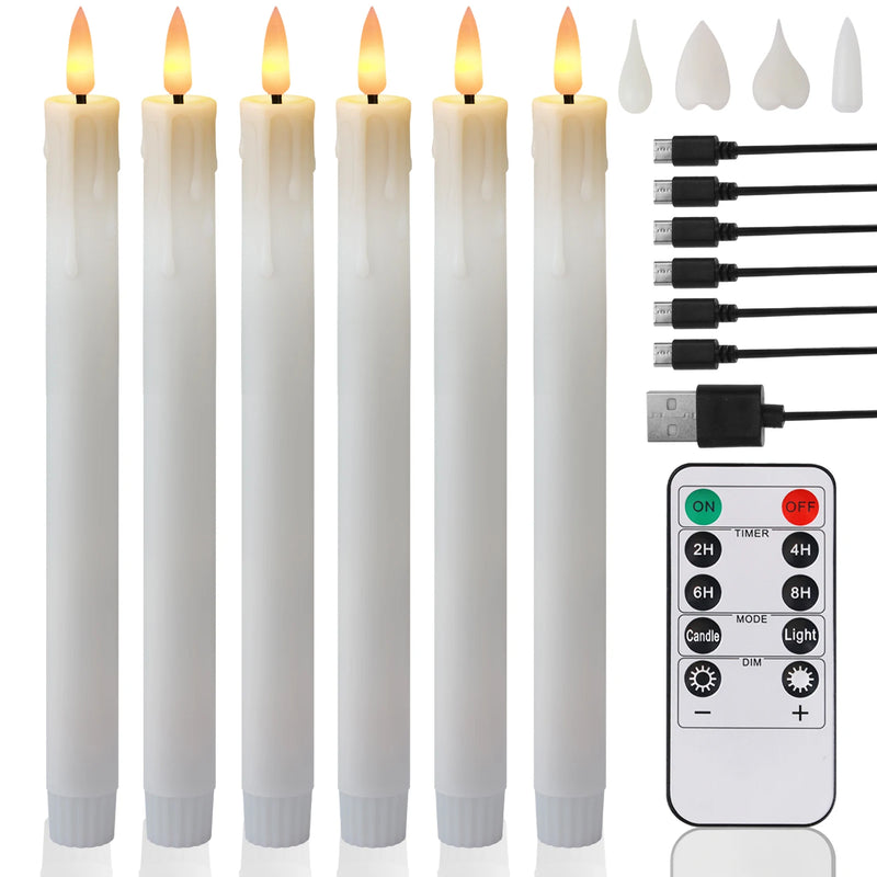 Bougies LED coniques rechargeables – 6 bougies blanches avec 4 têtes de flamme, câbles et télécommande