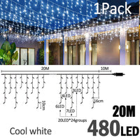 Guirlande stalactite LED – version blanc froid de 20 m, 480 LED