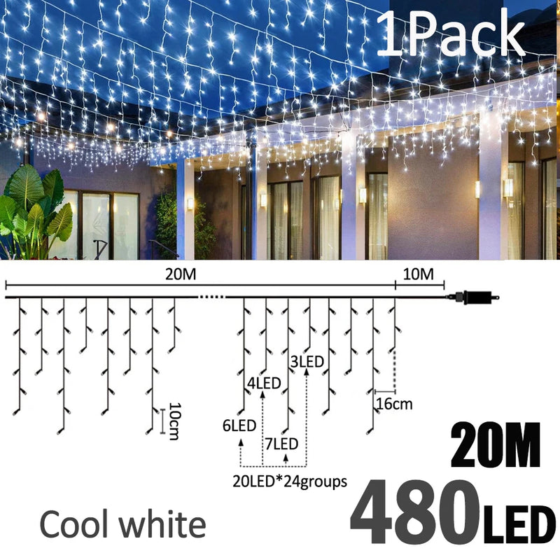 Guirlande stalactite LED – version blanc froid de 20 m, 480 LED