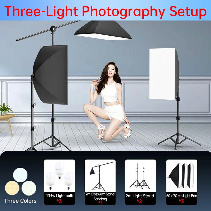 Kit studio photo softbox 50x70 cm, pied 2m, 1 à 3 lumières
