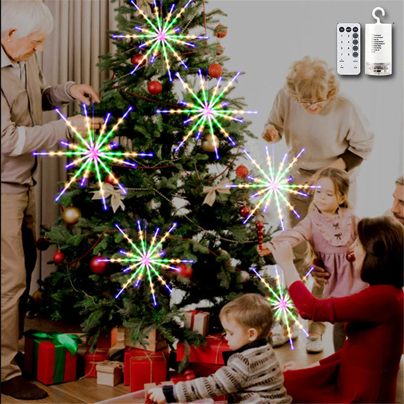 Étoile LED suspendue effet feu d'artifice – sur un sapin de Noël