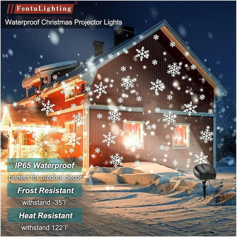 Projecteur de neige de Noël double tête – projecteur IP65 devant une maison enneigée