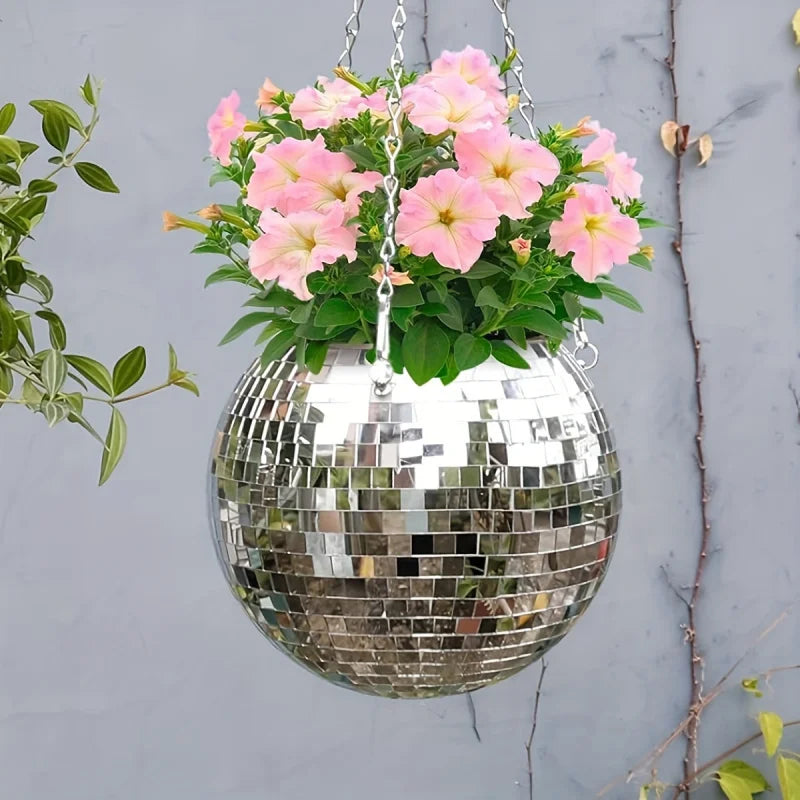 Jardinière suspendue boule à facettes miroir argentée, 15 ou 20 cm