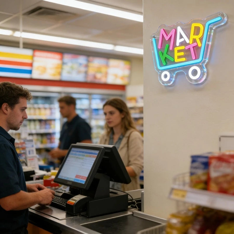 Enseigne néon MARKET chariot de courses – au-dessus d'une caisse de commerce de proximité