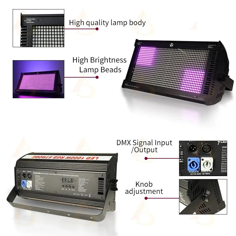 Stroboscope LED RGB – boîtier, LED, prises DMX et molette