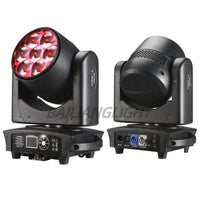 Lyre LED zoom 7 x 40 W – lyre vue de face en lumière rouge et vue de dos avec ses connecteurs