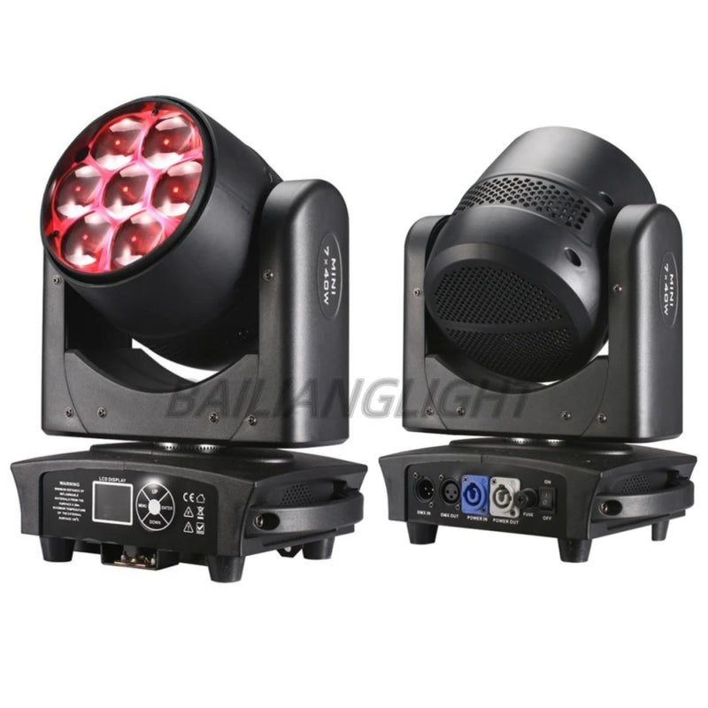 Lyre LED zoom 7 x 40 W – lyre vue de face en lumière rouge et vue de dos avec ses connecteurs