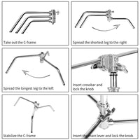 Pied C-stand inox – montage en six étapes : sortir le cadre, déployer les pieds et verrouiller
