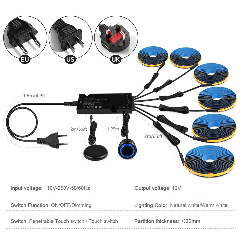 Ruban LED tasseau bois noir – boîtier d'alimentation, six sorties et prises EU, US et UK