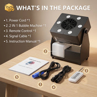 Machine à bulles de scène 90 W – contenu du colis : machine, cordon, télécommande, câble DMX et manuel