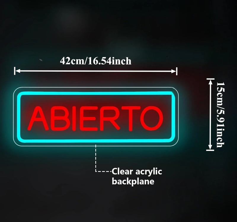 Enseigne néon ABIERTO – dimensions 42 x 15 cm, plaque acrylique transparente