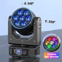 Lyre LED zoom 300 W œil d'abeille, 7 LED RGBW de 30 W et anneau RVB, DMX 30, 42 ou 58 canaux