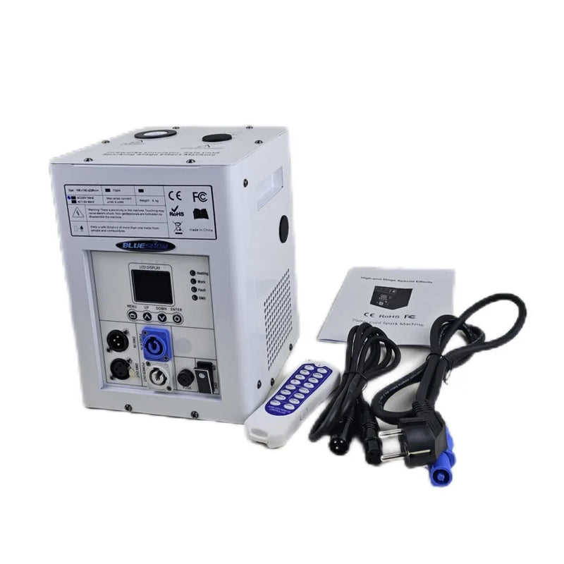 Machine à étincelles froides 750 W – appareil blanc avec télécommande, câbles et notice