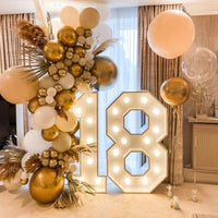 Chiffre lumineux géant 73 cm – nombre 18 devant un décor de ballons beiges et dorés