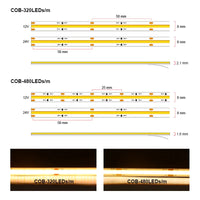 Ruban LED COB 5 m – schémas 320 et 480 LED/m, largeur de 8 mm et repères de coupe