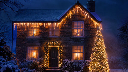 Façade de maison décorée de stalactites LED, guirlande de porte et sapin lumineux sous la neige